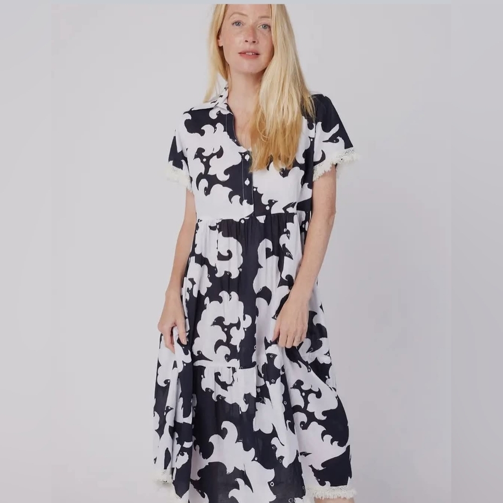 NWT Moda Posa Cadenza Black White Printed Midi Dress 100% Cotton Size Small